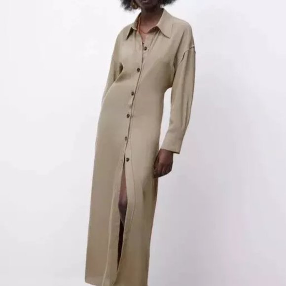 Zara Button Front Shirt Maxi Dress XS Minimalist Neutral Business Casual NWT - Picture 1 of 13